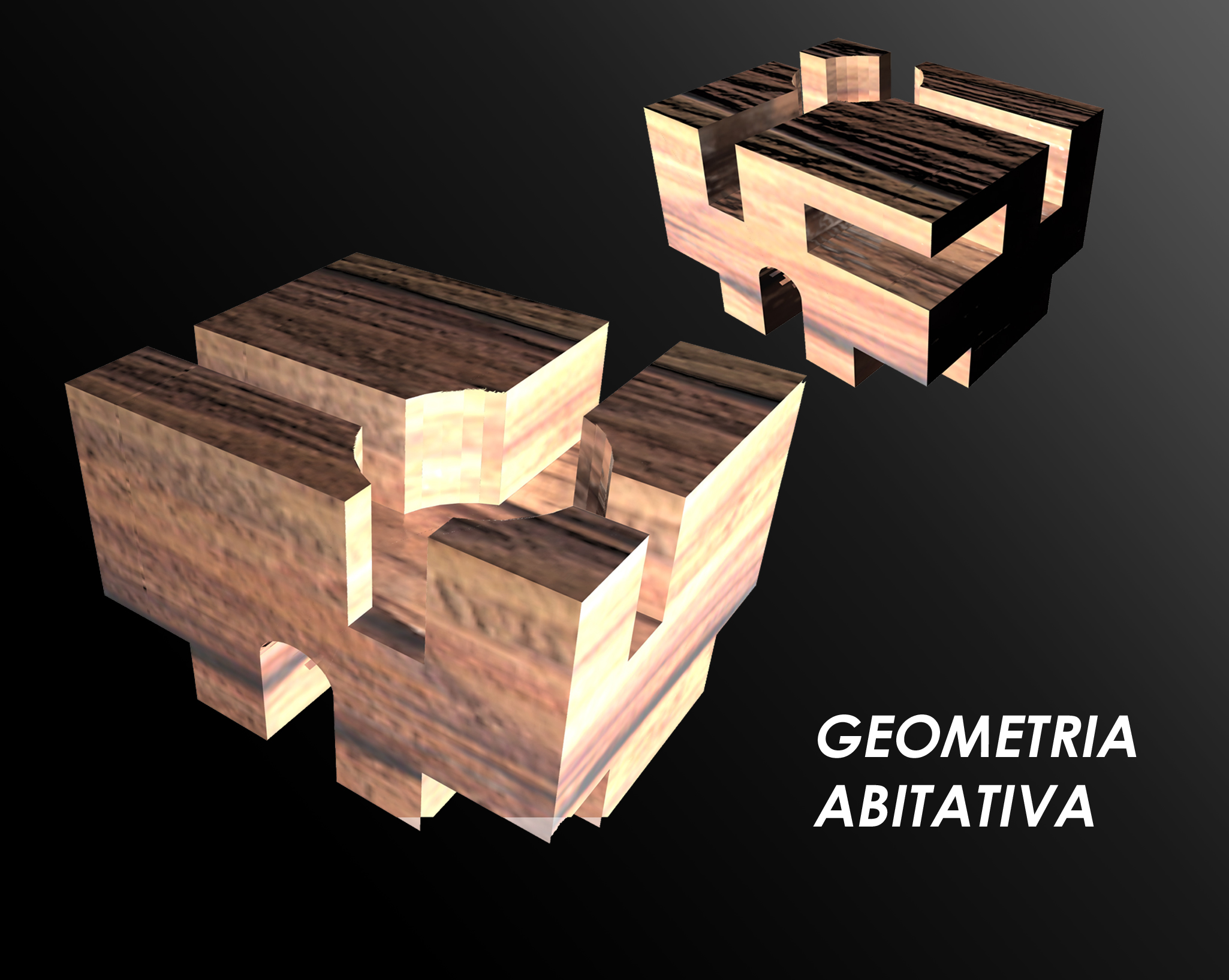 Geometria abitativa: partendo da un parallelepipedo di dimensioni aventi un rapporto 5x4 alla base x3 di altezza seguendo una serie di rapporti aurei e sottraendo dei volumi,legati alle dimensioni del volume iniziale attraverso il fattore 0,618, Ã¨ stata ottenuta una trasformazione che hanno portato al risultato in figura