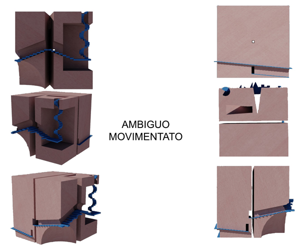 L'inserimento delle scale, coerente con le caratteristiche iniziali del volume, conferisce movimento grazie ai numerosi sali e scendi.
